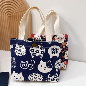 Cute cartoon canvas handbag with Totoro and cat print, small student tote bag with button.