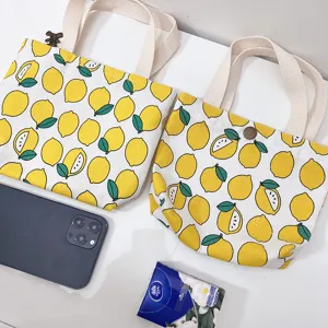 Bonito bolso de mano de lona con estampado de limón amarillo, pequeño bolso tote para mujer uso diario.