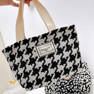 Bolso de mano de lona con estampado de pata de gallo negro y blanco bolso casual para mujeres.