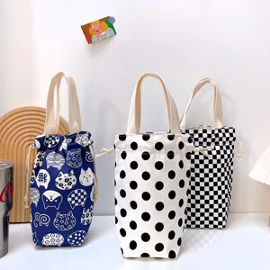 Cartoon Canvas Wasserflaschenbeutel Tragbare Kordelzug Tasse Ärmel Halter Handheld Reise Regenschirm Tasche Thermobecher Hülle Für Außen Täglich Aufbewahrung Organisation