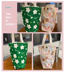 Portable canvas water cup sleeve cute cartoon handbag insulated bottle cover daily carry bag