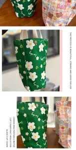 Canvas portable water cup sleeve cute cartoon canvas bag with handle for daily outdoor use.