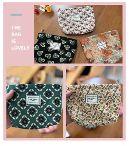 Corduroy floral cosmetic bag travel makeup pouch portable zipper storage bag for daily use.