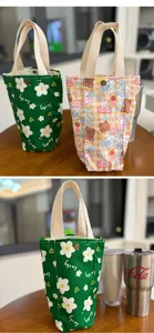 Canvas water bottle bag cute cartoon thermos cup sleeve portable handheld tote storage pouch
