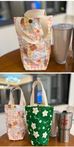 Canvas portable cup sleeve with cute cartoon print, durable fabric water bottle carrier bag new.