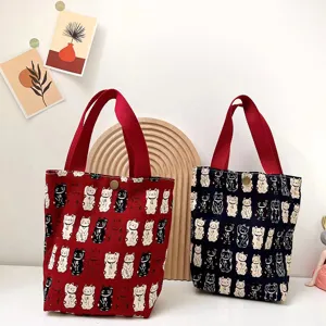Cute Japanese lucky cat printed canvas tote bag, small lunch box handbag and storage pouch.