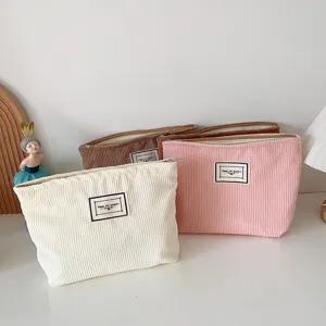 Minimalist solid corduroy cosmetic bag portable travel zipper toiletry storage organizer pouch