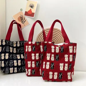 Canvas lucky cat tote bag student lunch bento bag cute print handbag casual storage pouch