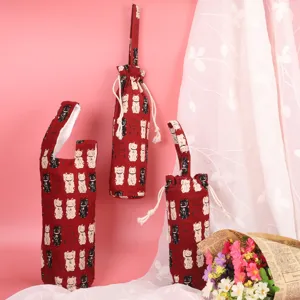 Rote Canvas Wasserflasche Huelle mit suessem Glueckskatze Muster, tragbare Kordelzug Tasche.