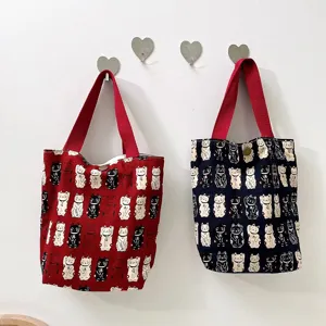 Cute lucky cat print canvas tote bag, perfect for bento box and daily storage use.