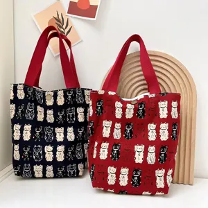Cute lucky cat print canvas tote bag, durable lunch bag and casual handbag for daily use.