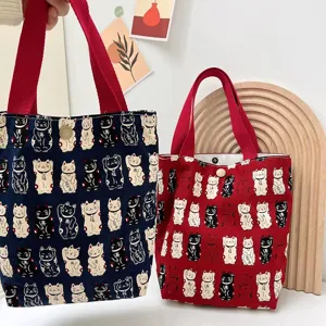 Cute printed lucky cat canvas tote bag for students, lunch box, and daily small items storage.