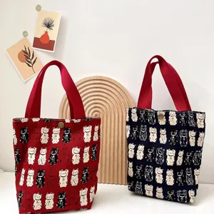 Canvas lucky cat lunch tote bag cute printed casual handbag student storage bag daily use