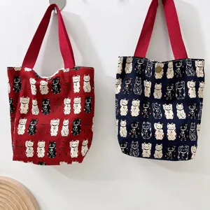 Cute lucky cat print canvas tote bag, ideal student lunch bento bag and portable storage.
