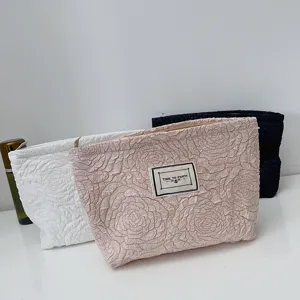 Vintage Rose Jacquard Cosmetic Bag Portable Travel Makeup Organizer Pouch Cotton Zipper Handbag For Women Daily Storage