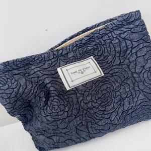 Dark blue rose jacquard cosmetic bag portable makeup zipper pouch vintage style travel storage bag