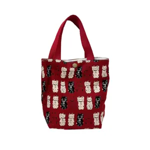 Cute Maneki-neko printed canvas bento bag, portable lunch box storage bag for daily use.