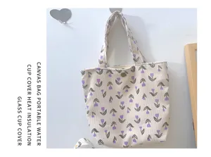 Commuter corduroy tote bag with cute purple tulip floral pattern, casual handbag for daily use.