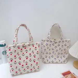 Corduroy tote bag with cute tulip floral print, ideal for commuting, school or daily lunch carry.