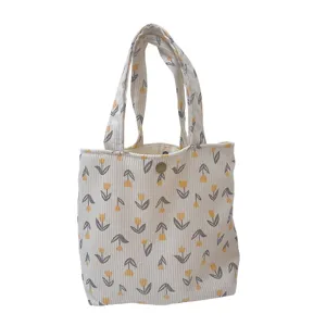 Corduroy tote bag with cute yellow tulip floral print, casual handbag for daily commute and school.