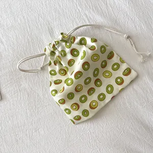 Kiwi Druck Leinen Kordelzug Aufbewahrungstasche tragbare Reise Make-up Tasche Detailansicht.