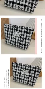Black white plaid cosmetic bag large capacity tweed makeup pouch travel zipper organizer bag