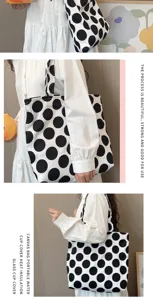 Large capacity black and white polka dot canvas shoulder bag casual literary style detail.