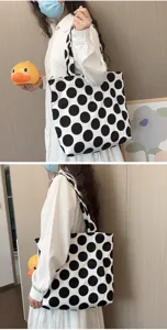 Large capacity adjustable black and white polka dot canvas tote bag casual shoulder bag for women