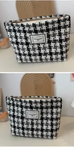 Black and white tweed cosmetic bag large capacity houndstooth makeup pouch stylish handbag.