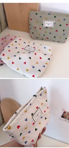 Corduroy small heart cosmetic bag with zipper, portable multi-functional storage handbag.