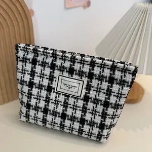 Black and white tweed plaid makeup bag, large capacity cosmetic pouch and stylish clutch.