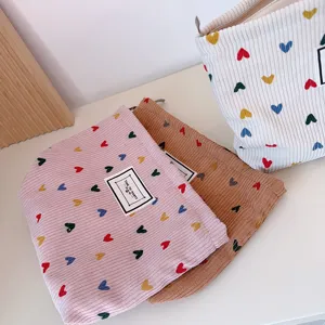 Women Corduroy Heart Makeup Bag Small Heart Clutch Portable Storage Handbag Zipper Cosmetic Pouch For Travel Daily Cell Phone