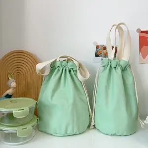 Einfarbige Canvas Kordelzug Tassenhueller tragbare Thermoskanne Tasche macaron gruene