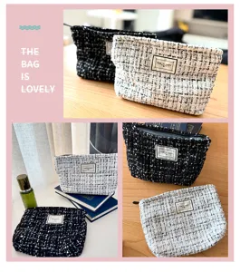 Classic tweed cosmetic bag for women, portable zipper makeup pouch, chic storage organizer.