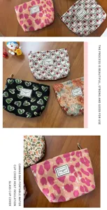 Corduroy cosmetic bag cute floral makeup pouch travel storage organizer zipper bag