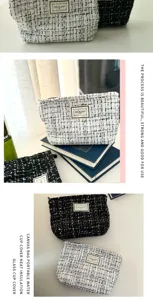 Chic tweed cosmetic bag with zipper, portable plaid makeup pouch for daily travel use.