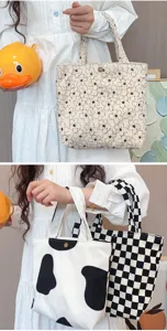 Kordschnur Tasche niedlich Blume Kuhmuster kariert Handtasche Freizeit Retro Shopper Tasche