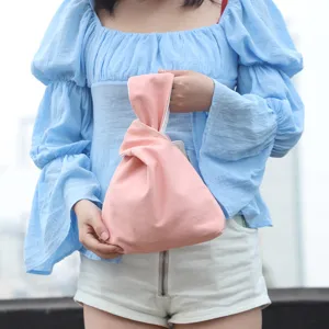 Chic Japanese Cotton Canvas Knot Bag Pink Wrist Handbag Casual Phone Storage Purse
