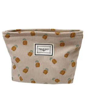 Joli sac de maquillage de voyage en velours côtelé motif ananas, grande trousse khaki.