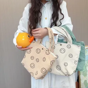 Retro Cordsamt Leinwand Tragetasche Damen Handtasche Große Kapazität Lächeln Gesicht Floral Kuhmuster Schachbrett Tasche