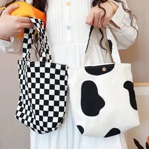 Niedliche Kord-Canvas-Tragetasche, Karo- und Kuh-Print Handtasche, grosse Kapazitaet tragbar.