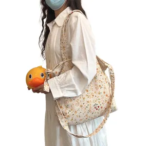 Blumen Cord Umhaengetasche fuer Damen, vintage laessige Schultertasche in beige fuer Alltag.