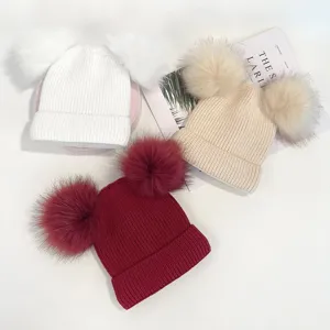 Cozy double pom pom knitted beanie hat for women and kids, thick fleece lined winter warm cap.