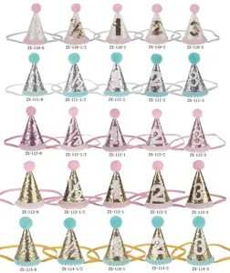 Dettaglio del cappello conico per festa di compleanno con paillettes e numeri.