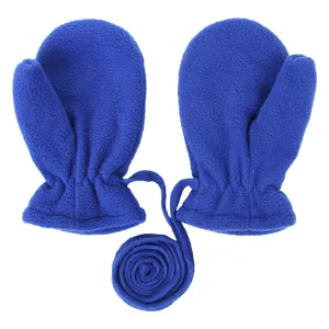 Cute Kids Winter Warm Polar Fleece Mittens Solid Color Anti-Lost Hanging Neck String Outdoor Full Finger Gloves For Toddler Baby Children Accessories