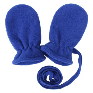 Blue fleece baby winter mittens detail, soft warm fabric with convenient neck strap.