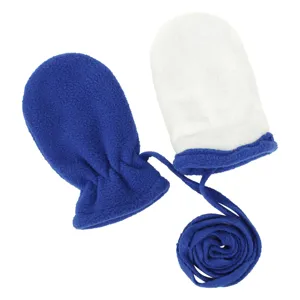 Detail view of winter baby fleece mittens with anti-lost neck strap in blue and white.