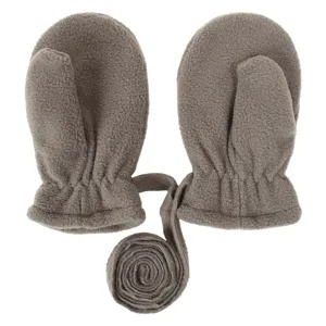 Infant winter fleece mittens detail showing soft warm texture and anti-loss neck hanging strap.