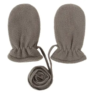 Grey fleece baby mittens with neck strap, warm infant gloves, cozy winter hand detail.