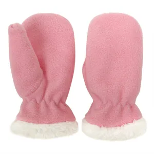 Roze fleece winterhandschoenen voor kinderen met witte pluche boorden detailweergave.